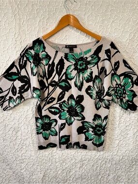 INC International Concepts Green Floral Short Sleeve Sweater Top